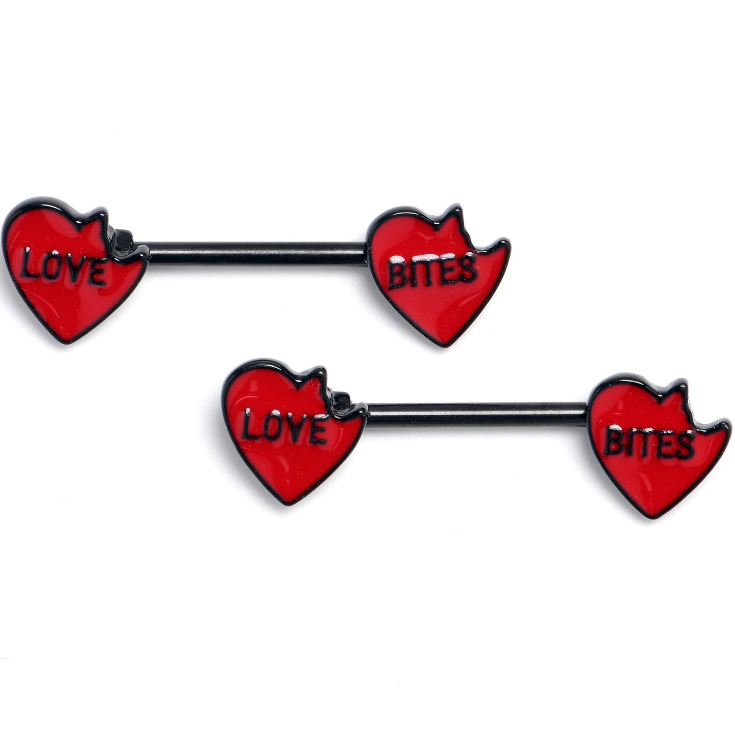 14G 9/16 Black Love Bites Heart Valentine Barbell Nipple Ring Set