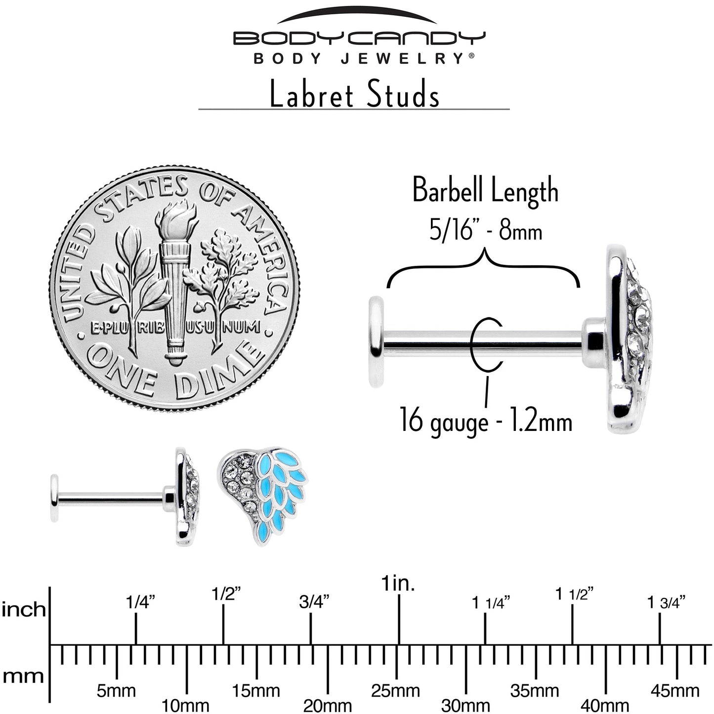 16G 5/16 Clear Gem Heavenly Heart Angel Wing Blue Labret Tragus