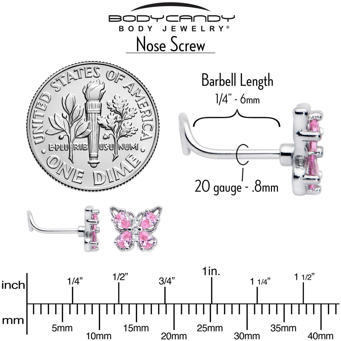 20G 7mm Pink Gem Baroque Beauty Butterfly Left Side Nose Screw