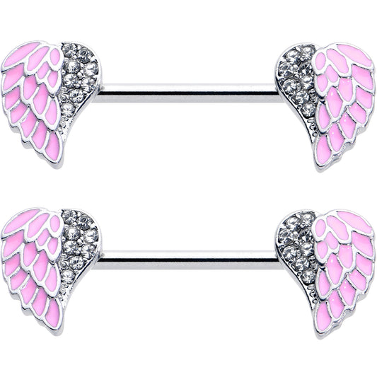 14G 9/16 Clear Gem Heavenly Heart Angel Wing Pink Nipple Ring Set