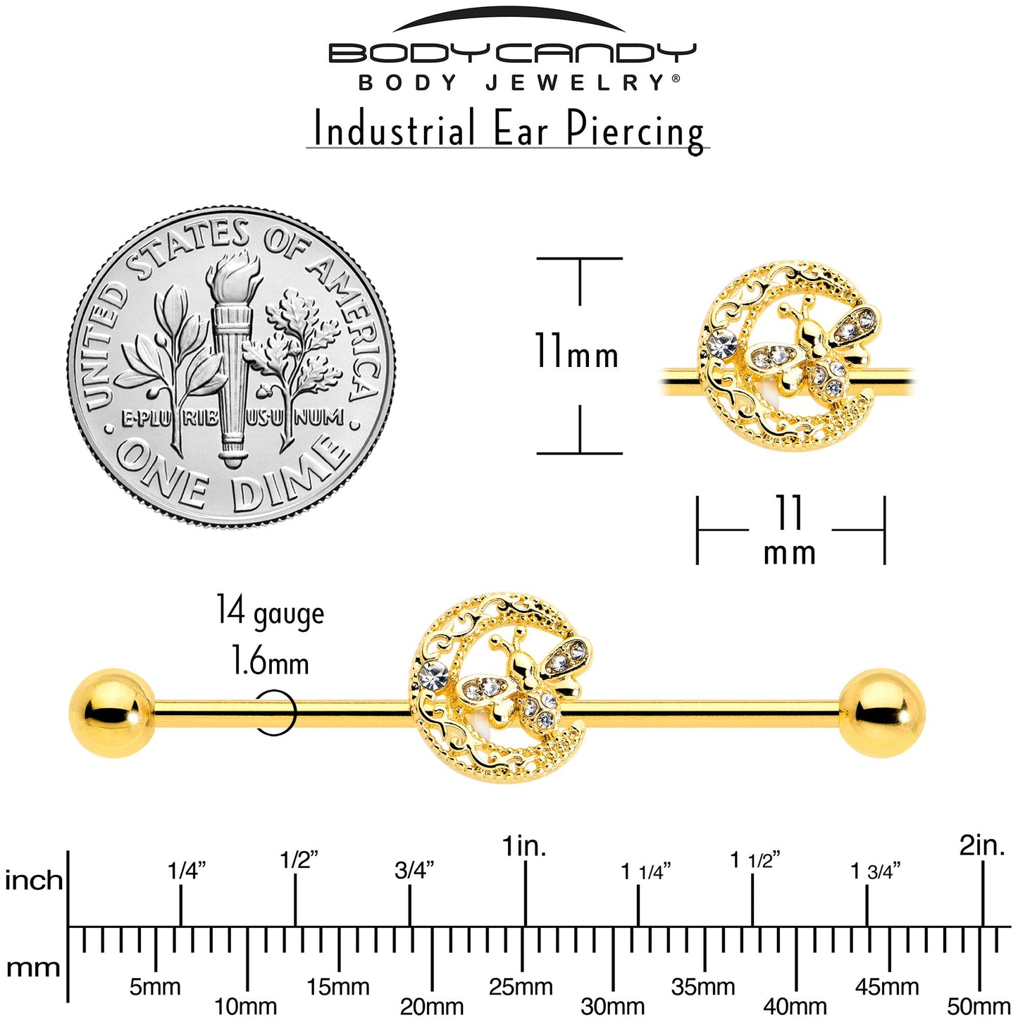 14G Clear Gem Gold Tone Lunar Dragonfly Industrial Barbell 38mm