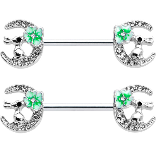 14G 9/16 Clear Gem Rabbit On Moon Flower Green Nipple Ring Set