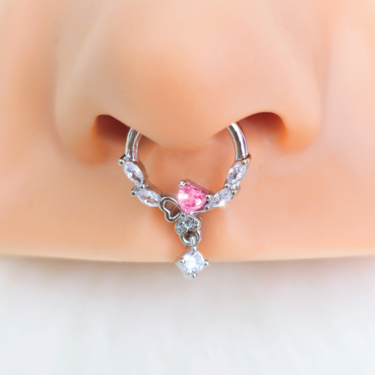 16G 3/8 Pink CZ Gem Butterfly Heart Dangle Hinged Segment Ring