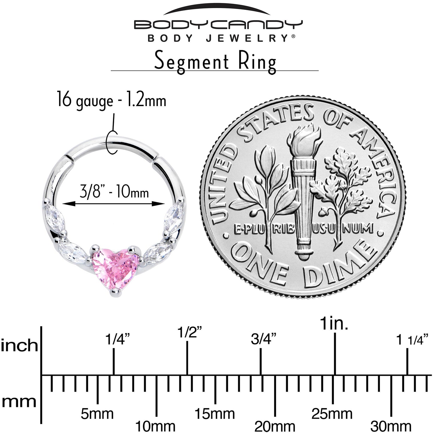 16G 3/8 Pink Clear CZ Gem Simply Heart Hinged Segment Ring