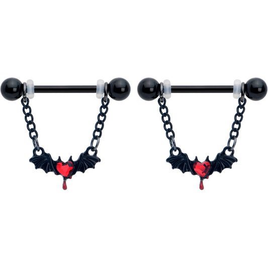 14G 9/16 Red Gem Black Bleeding Heart Bat Dangle Nipple Ring Set