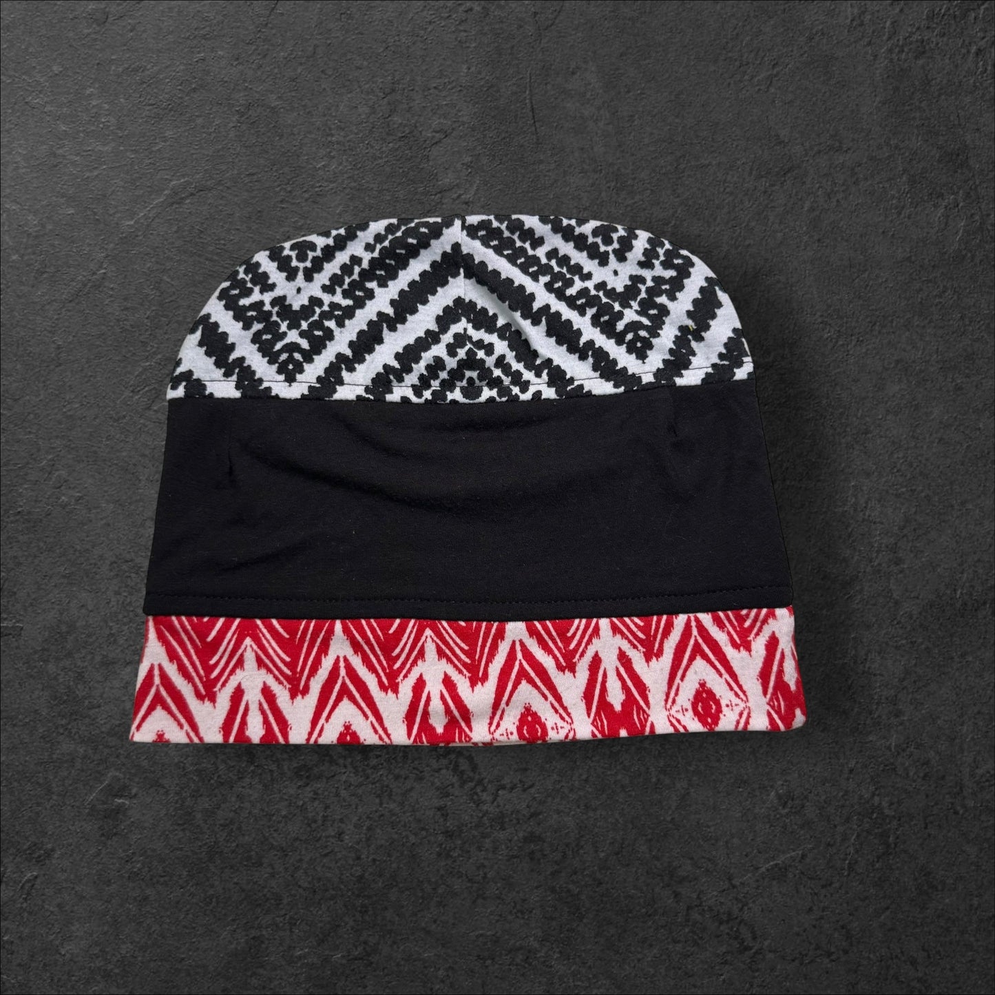 Black & Red Geometric Lightweight Slouch Beanie β Upcycled Everyday Hat