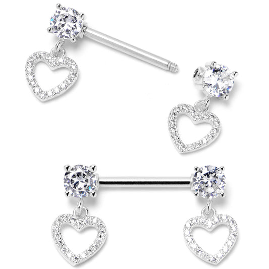 14G 9/16 Clear CZ Gem Paved Heart Dangle Nipple Ring Set