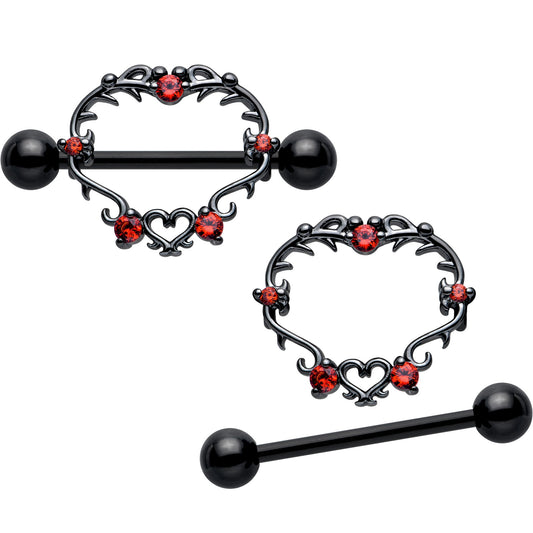 14G 9/16 Red CZ Gem Black Leafy Heart Nipple Shield Set