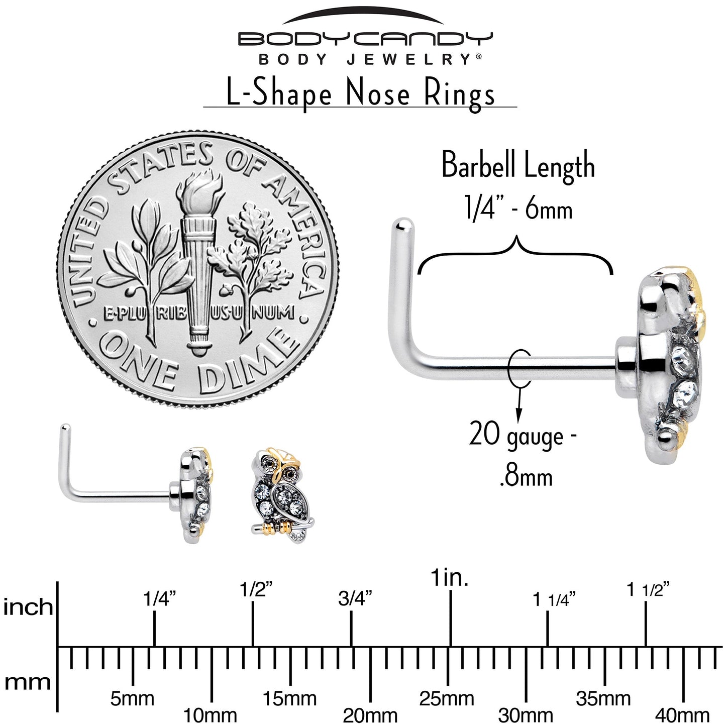 20G 7mm Clear Gem Evening Owl L Shape Nose Ring