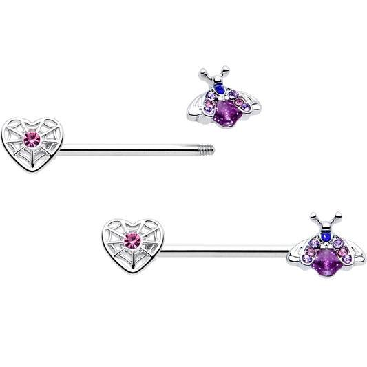 14G 9/16 Pink Blue Gem Spiderweb Heart Insect Barbell Nipple Ring Set