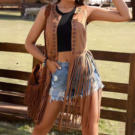 Hollow-out Sleeveless Stitching Suede Vest Jacket