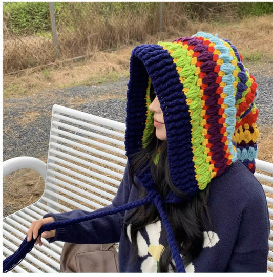 Ladies Coarse Yarn Rainbow Color Thickened Knitted Hat