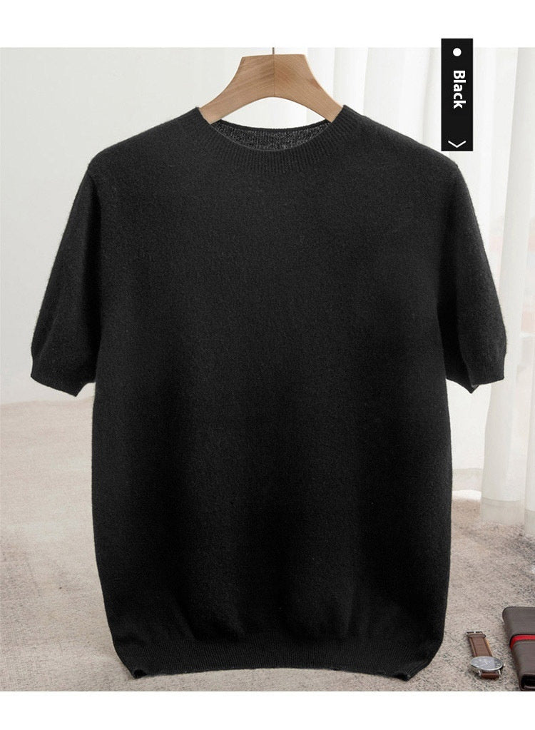 Knitted Short Sleeve Pure Wool Sweater Men's Round Neck
