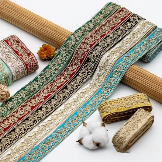 Ethnic Chiffon Collar Trim - Gold Embroidery, 10 Colors