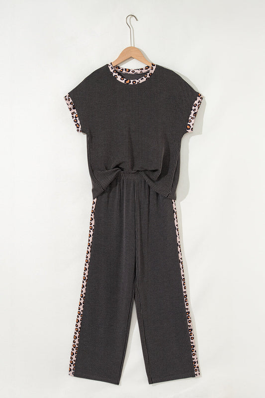 Leopard Patchwork Corded Knit Top & Crop Pants Set