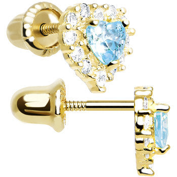 14k Yellow Gold Heart CZ March Birthstone Youth Screwback Earrings