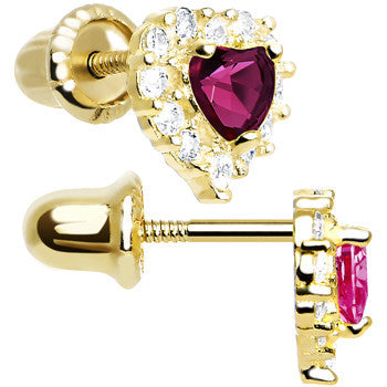 14k Yellow Gold Heart CZ July Birthstone Youth Screwback Earrings