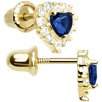 14k Yellow Gold Heart CZ September Birthstone Youth Screwback Earrings