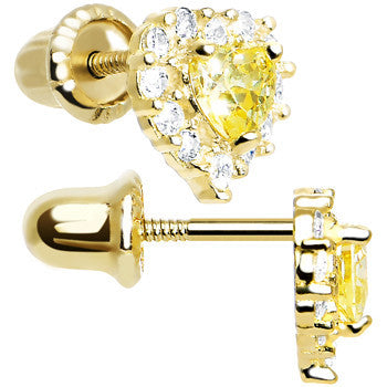 14k Yellow Gold Heart CZ November Birthstone Youth Screwback Earrings