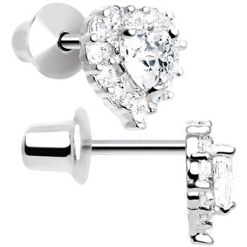 Sterling Silver Heart CZ April Birthstone Youth Screwback Earrings