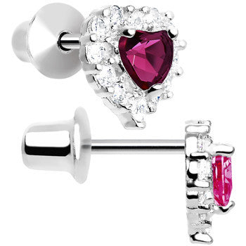 Sterling Silver Heart CZ July Birthstone Youth Screwback Earrings