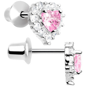 Sterling Silver Heart CZ October Birthstone Youth Screwback Earrings