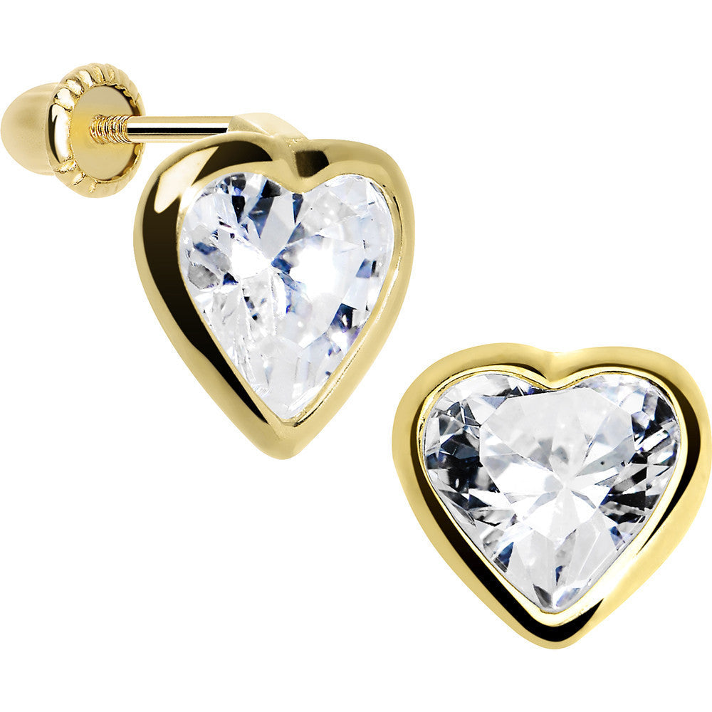 14K Yellow Gold CZ Filled Heart Youth Screwback Earrings