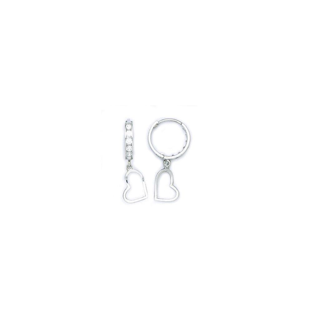 14k White Gold CZ Hollow Heart Huggy Earrings