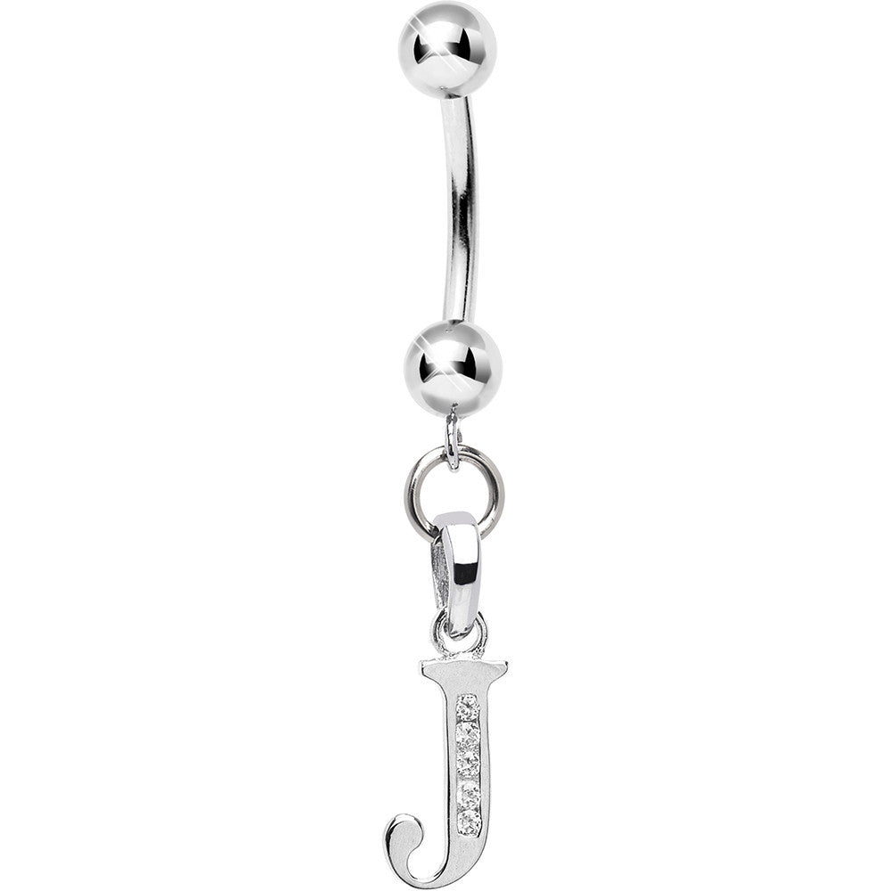 16G Solid 14k White Gold CZ Initial J Belly Ring