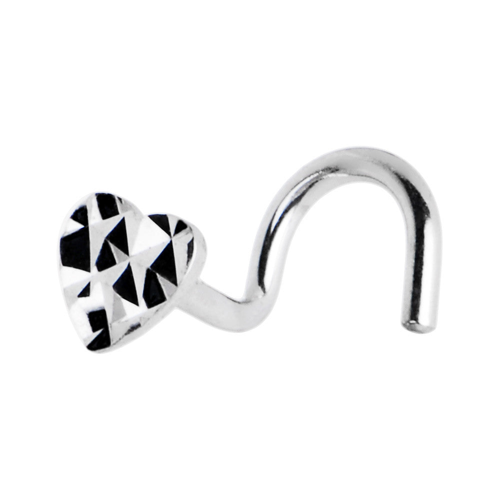 Solid 14K White Gold Textured Heart Nose Screw Ring