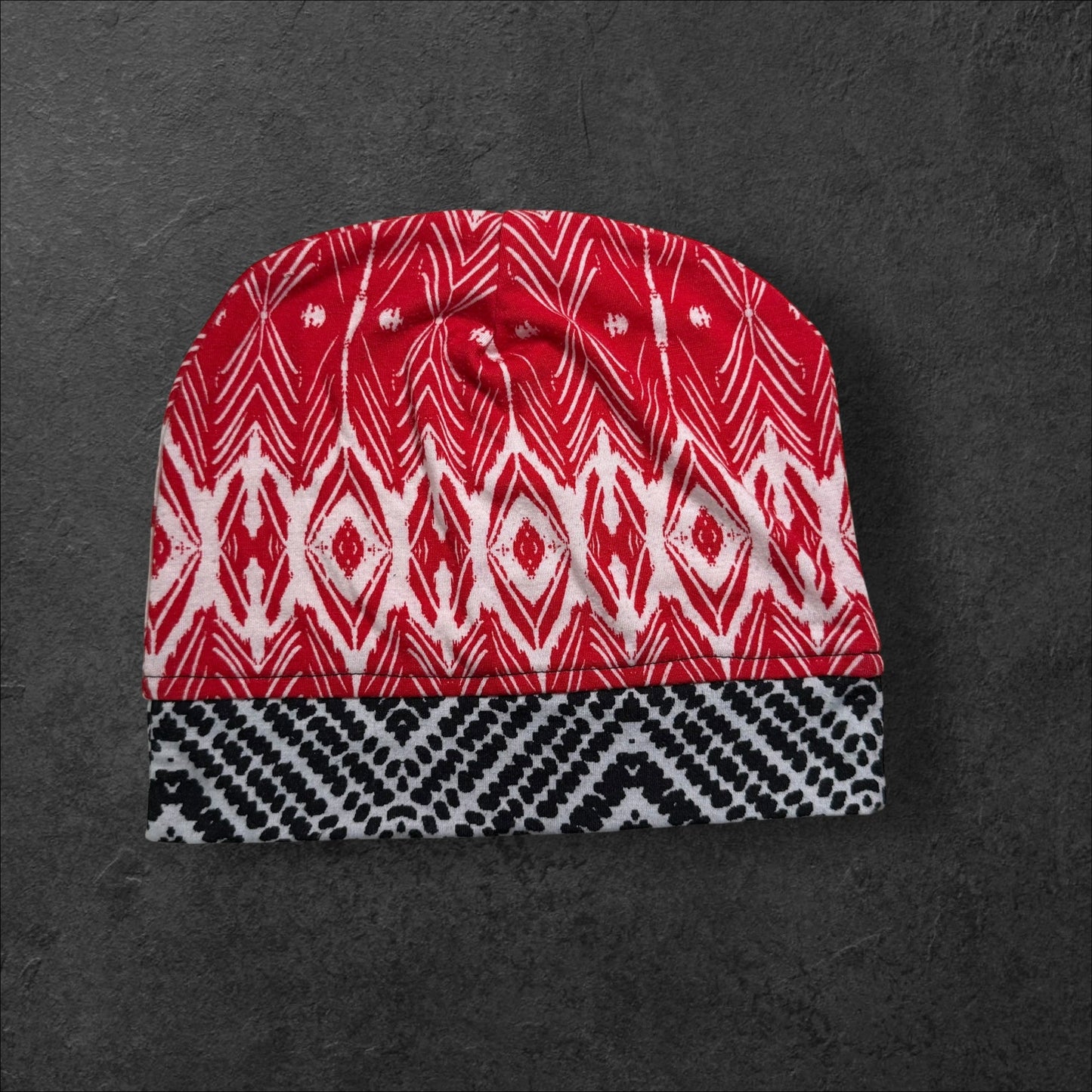 Black & Red Geometric Lightweight Slouch Beanie β Upcycled Everyday Hat