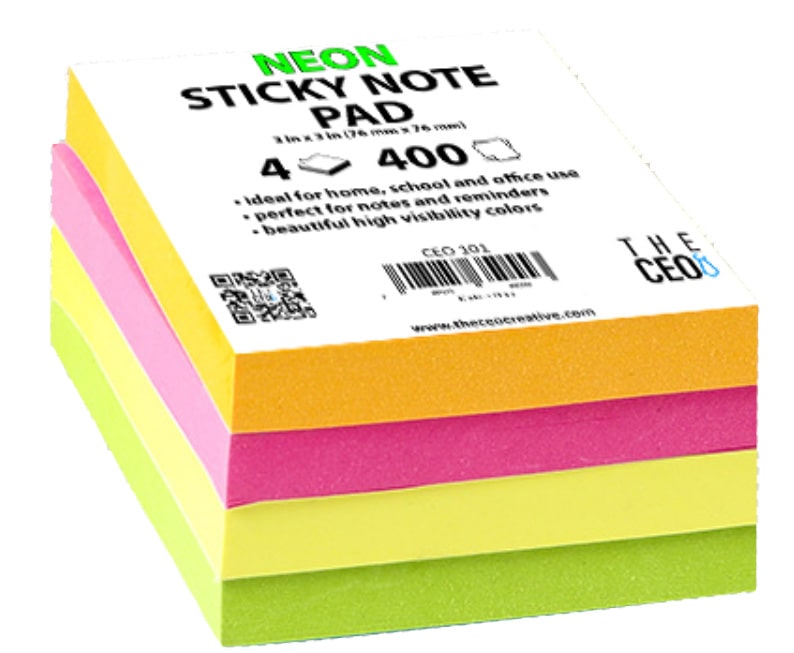 THE CEO® 100 Ct. 3X 3 Fluorescent Stick on Notes (4/Shrink) – Sticky Notes