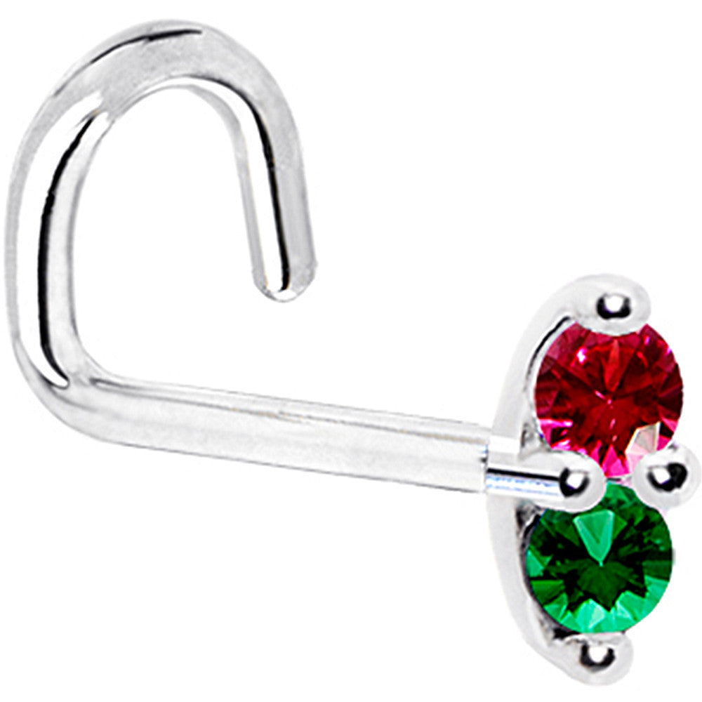 14k White Gold Red Green 1.5mm CZ Marquise Nose Ring