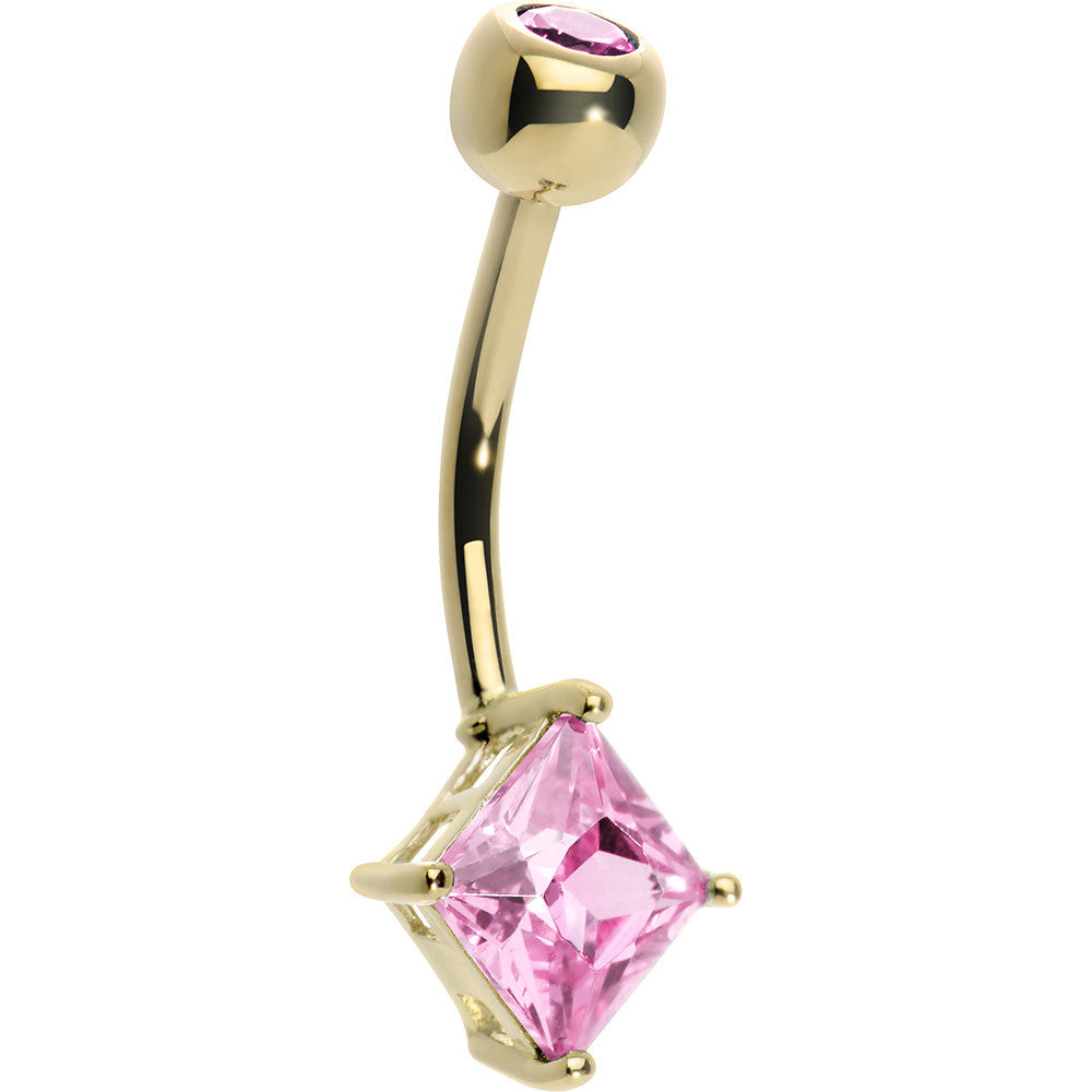 16G 14K Yellow Gold Pink Princess 6mm Cubic Zirconia Belly Ring