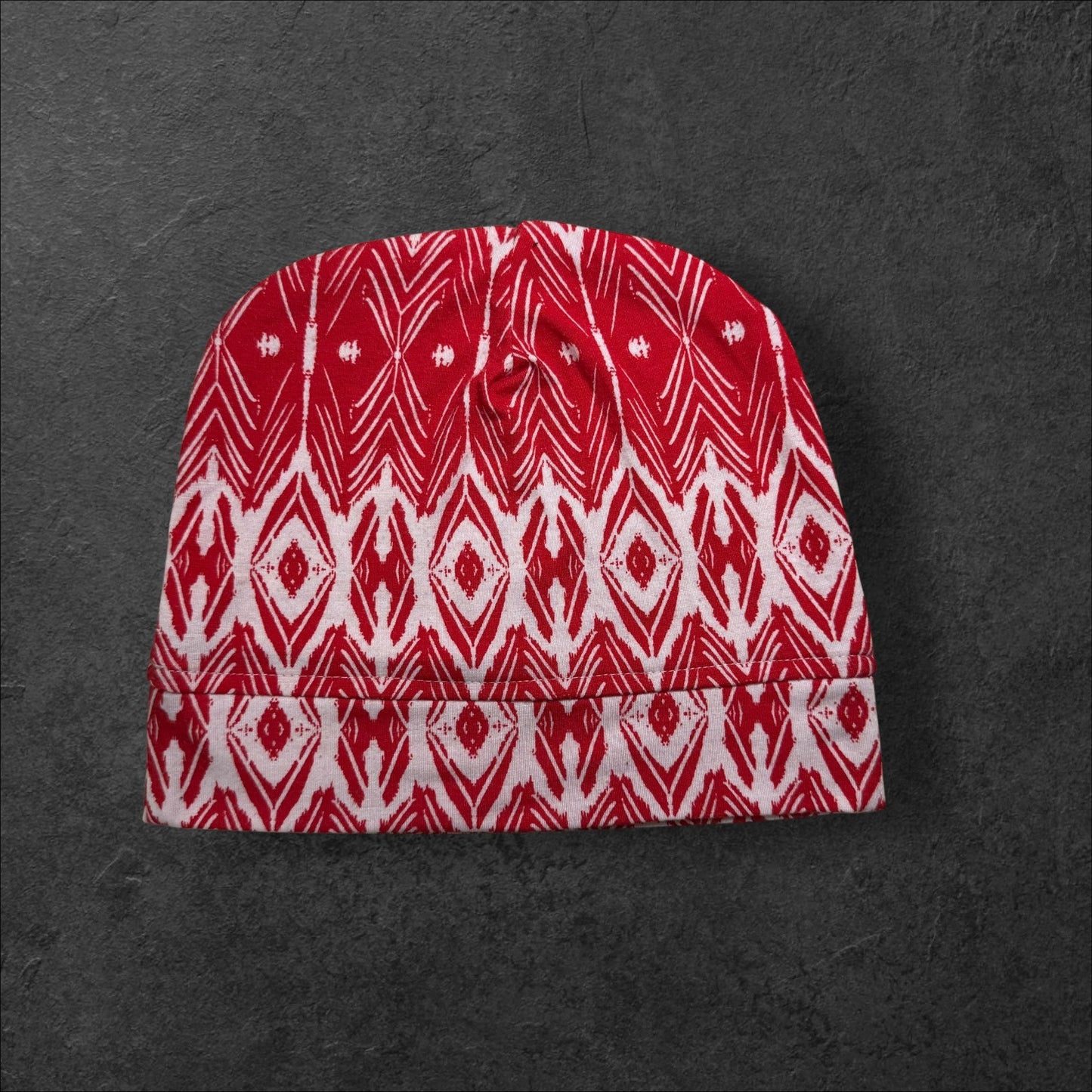 Red Geometric Lightweight Slouch Beanie β Upcycled Everyday Hat