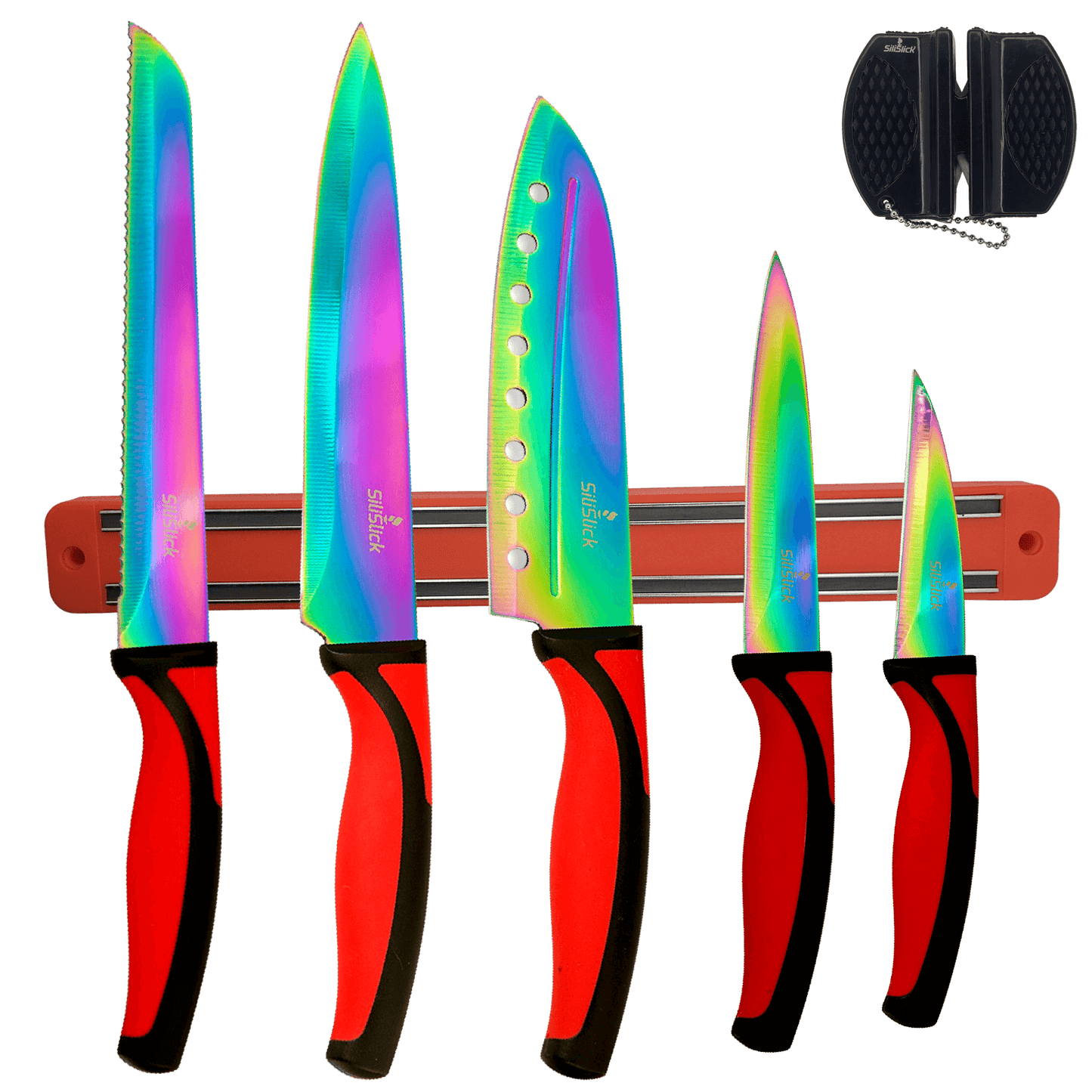 Kitchen Knife Set Kit | Red Handles | Red Magnetic Rack & sharpener