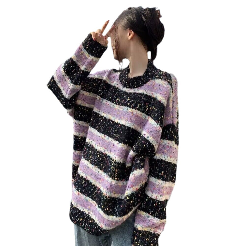 Retro Striped Round Neck Sweater