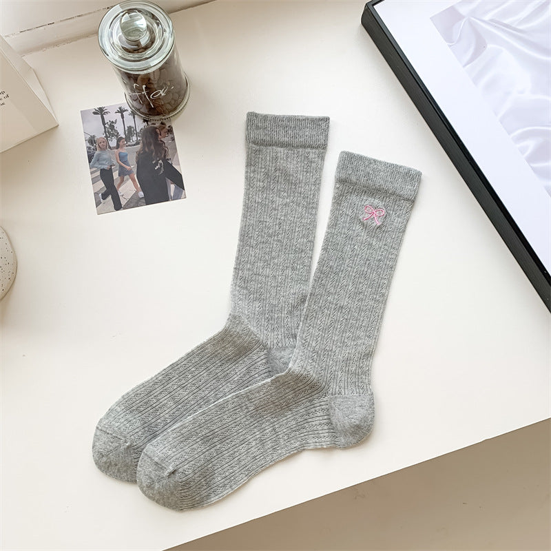 Bow Embroidery Hollow Thin Female Middle Tube Socks