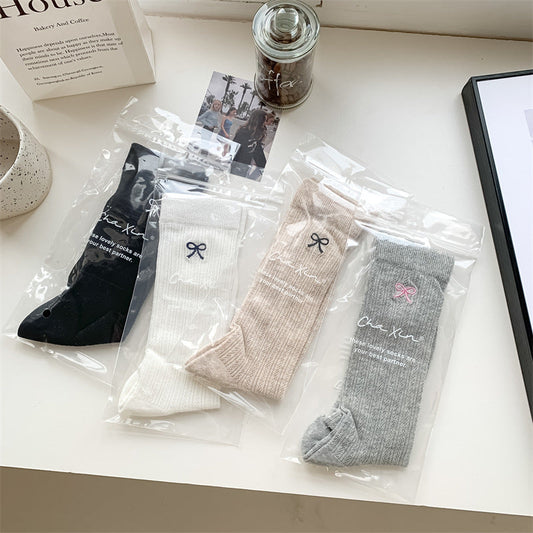 Bow Embroidery Hollow Thin Female Middle Tube Socks