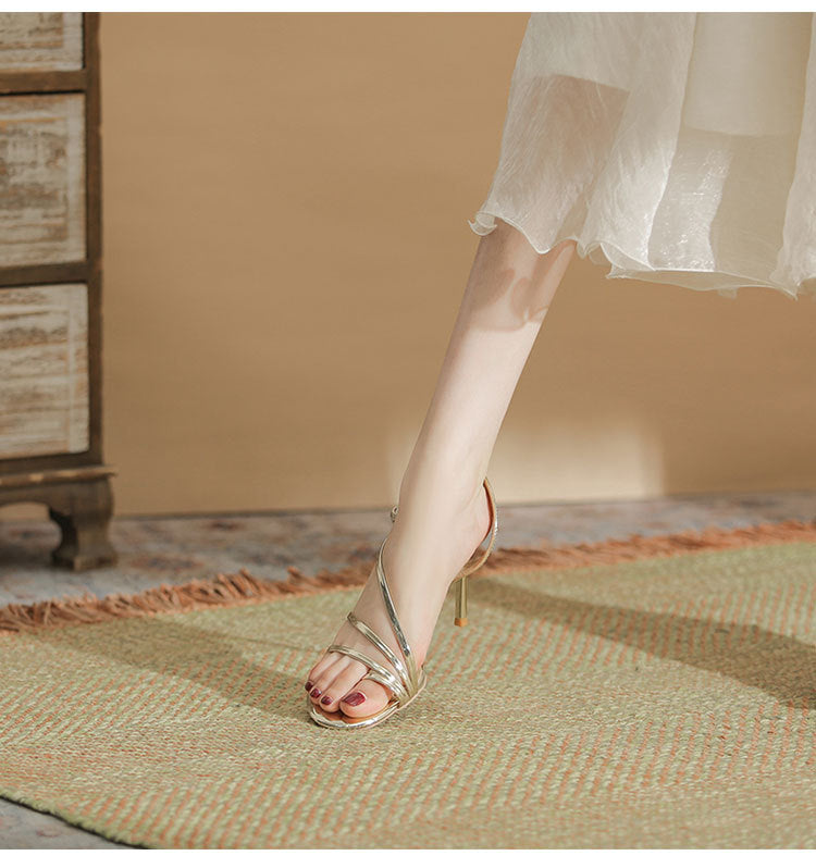 Gold Thin Heel Open Toe Round Toe High Heels