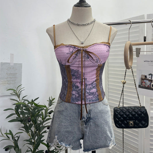 Vintage Ink Painting Lace-Up Tube Top with Chest Pad