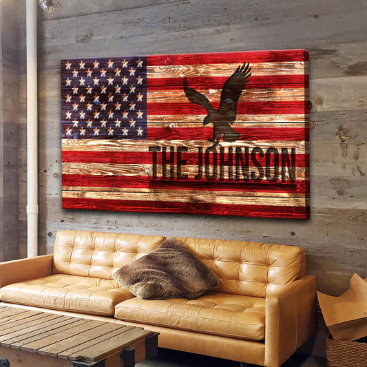 Rustic American Flag Family Name Sign