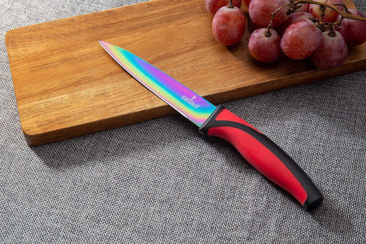 Steak Knife Set 4 Rainbow Titanium Coated Blades & Red Handles