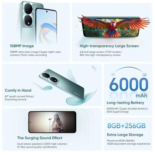 2024 HONOR X7b 5G Global Version Mediatek Dimensity 6020 6.8" 90Hz Refresh Rate Display 6000mAh Long Battery 108MP Triple Camera