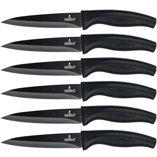 Steak Knife Set 6 Titanium Coated Black Handle, Black Blade
