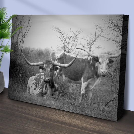Monochrome Texas Longhorn Cattle Canvas Wall Art