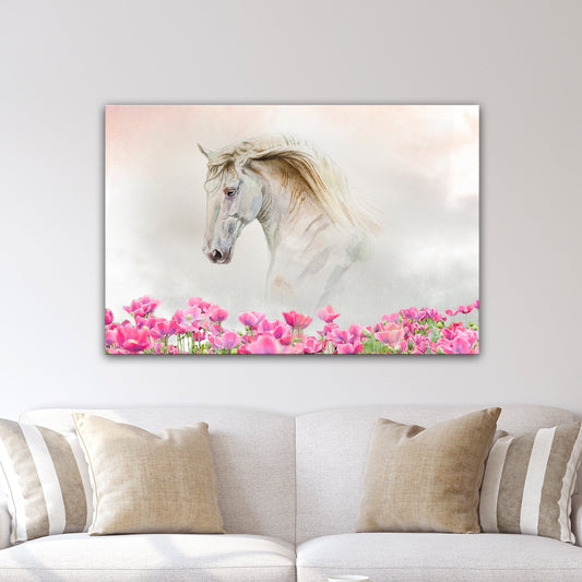 Floral White Horse Canvas Wall Art