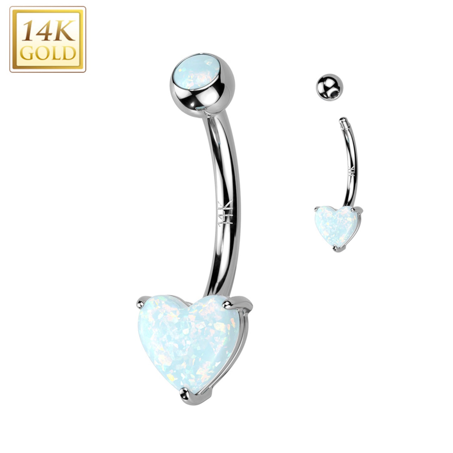14k Solid White Gold 6mm Synthetic Opal Heart Belly Ring