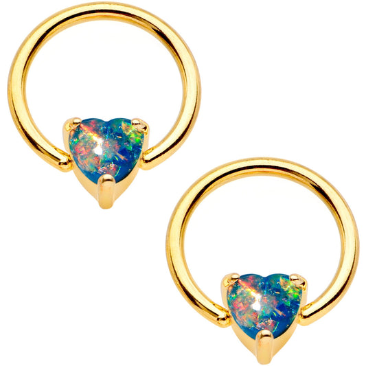 14G Blue Faux Opal Heart Captive Ring Barbell Nipple Ring Set