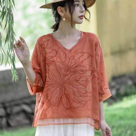 Machine Embroidery Cotton And Linen Shirt For Women